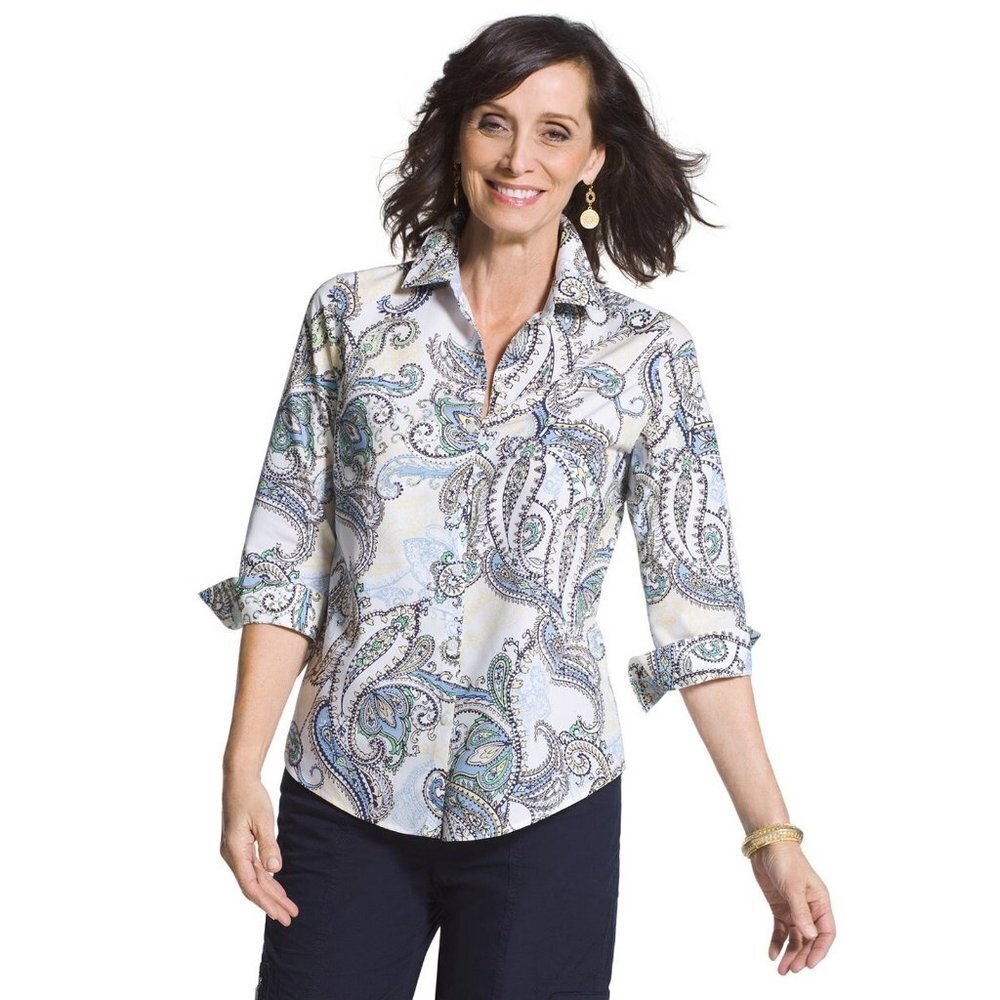 Chico's Effortless Beatrice Paisley No-Iron Cotton Shirt Size 1 US M